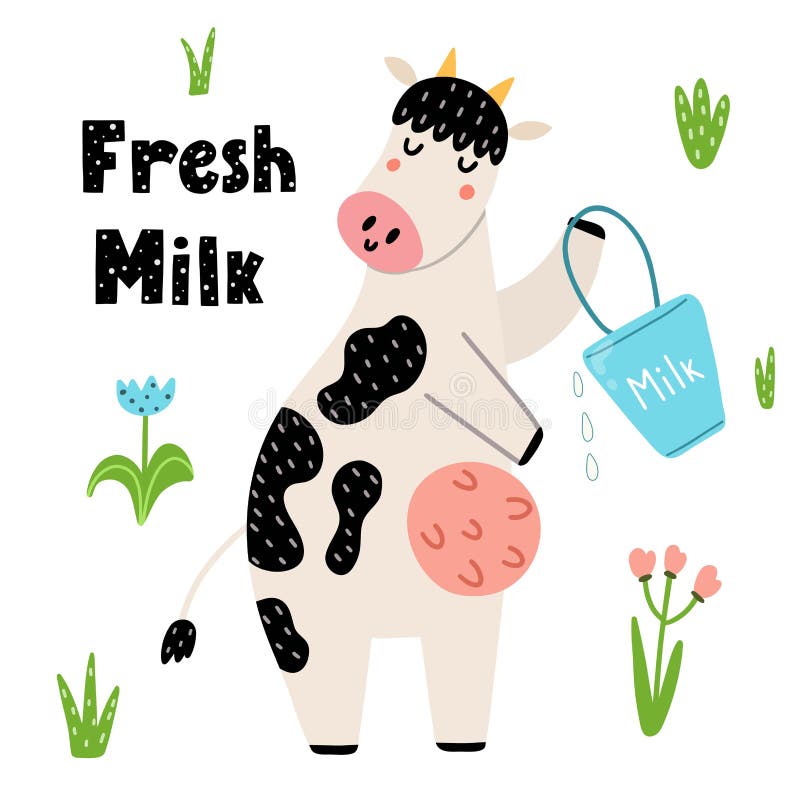 Latte fresco, buffo, una vacca carina con un secchio royalty illustrazione gratis