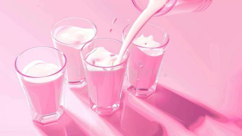 Latte fresco versato in bicchieri con schegge su fondo rosa illustrazione vettoriale