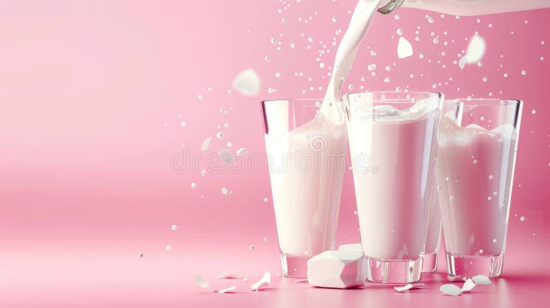 Latte fresco versato in bicchieri con schegge su fondo rosa. giornata mondiale del latte illustrazione di stock