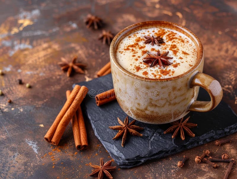 Latte gewürzt in einem rustikalen Schlamm mit Zimt und Sternanis auf dunklem Hintergrund lizenzfreie abbildung