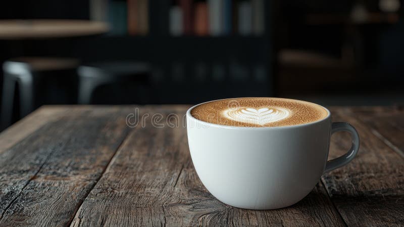 Latte mit herzförmiger Latte auf einem Holztisch. stock abbildung