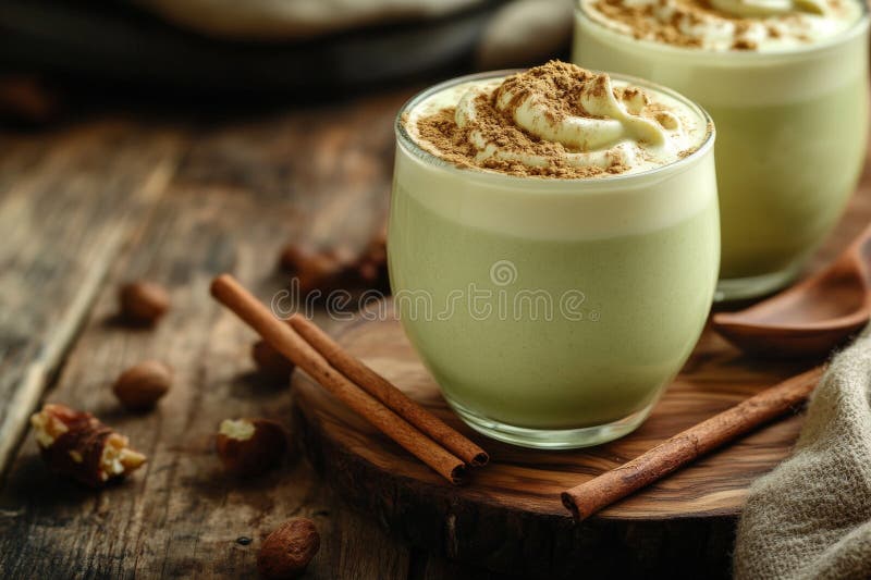 Latte zielone matcha na drewnianym tle z cinamonem ilustracja wektor