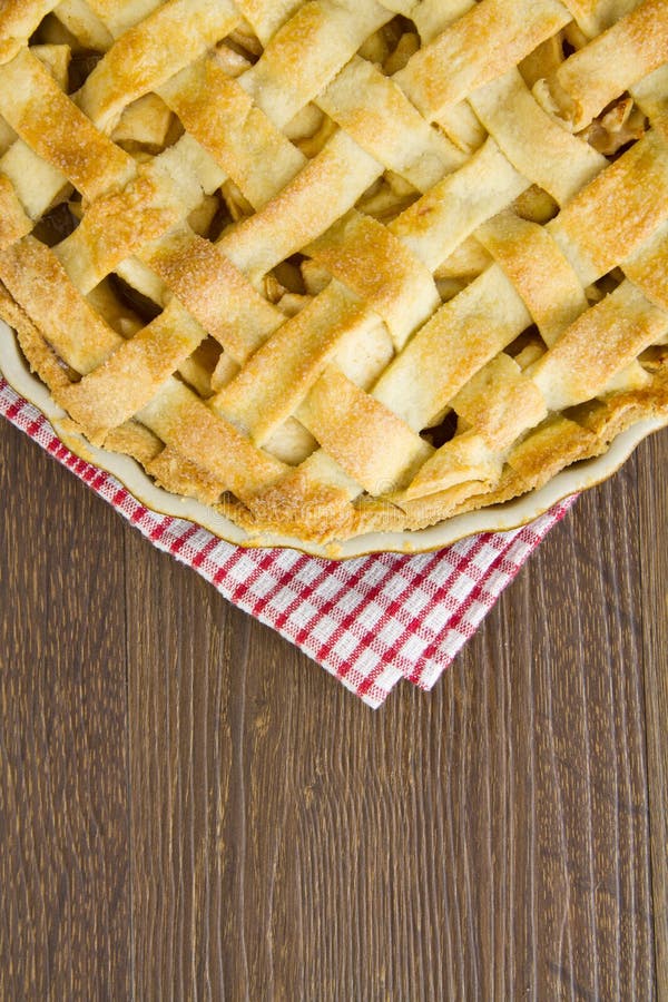 Lattice pastry apple pie top, cooked with copy space