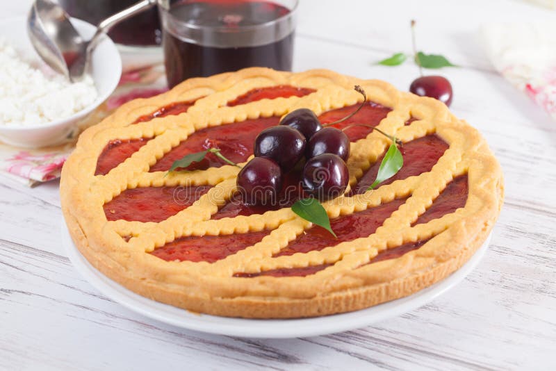 Lattice Pie with Cherry Compote Light Rustic Cherry Jam Stock Photo