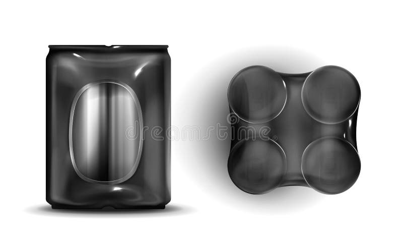 Lattine di stagno in un avvolgitore di plastica davanti e in una vista superiore illustrazione di stock