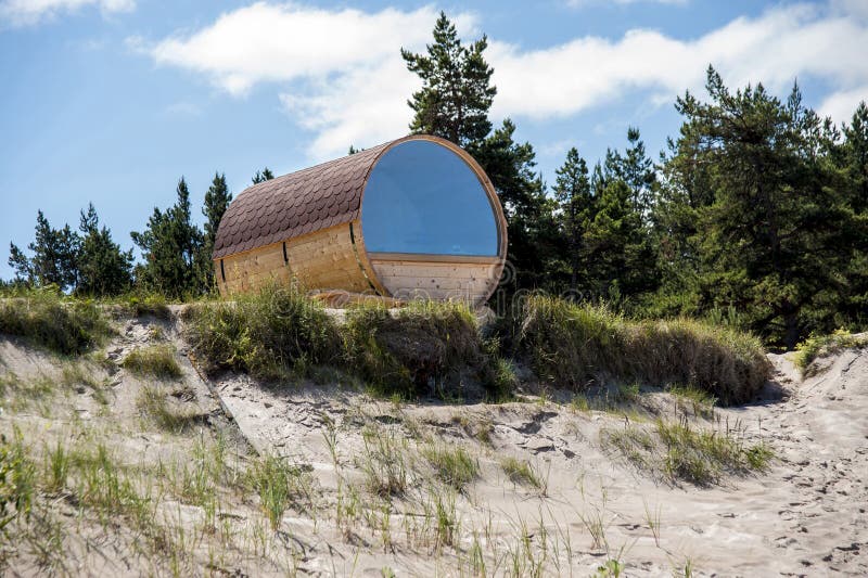 Latvia, Cape Kolka. House in the form of a barrel at the coast o