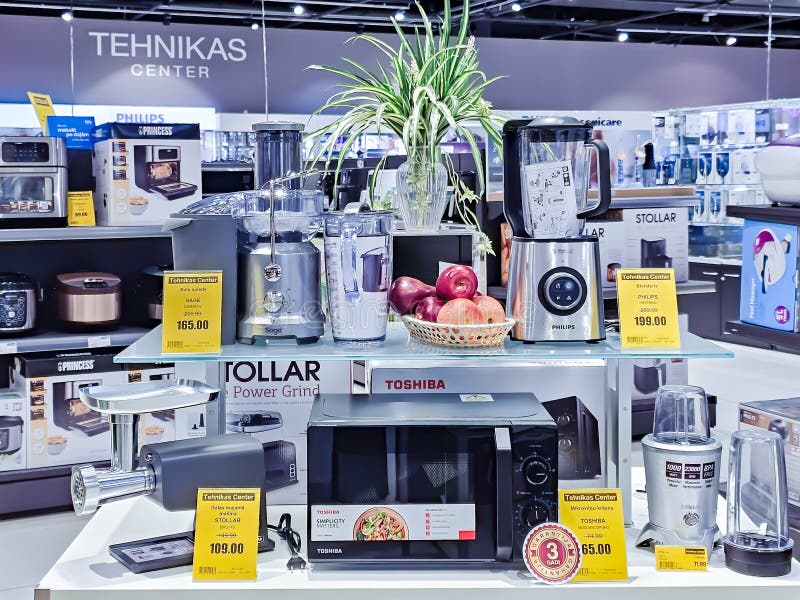 Sales department of various household appliances in a shopping center, Riga stock photo