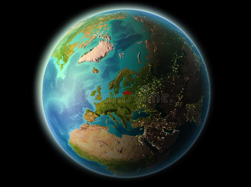 Latvia w wieczór. Latvia od orbity planety ziemia przy nocą z wysoce szczegółowymi nawierzchniowymi teksturami ilustracja 3 d Elementy ten wizerunek meblujący NASA