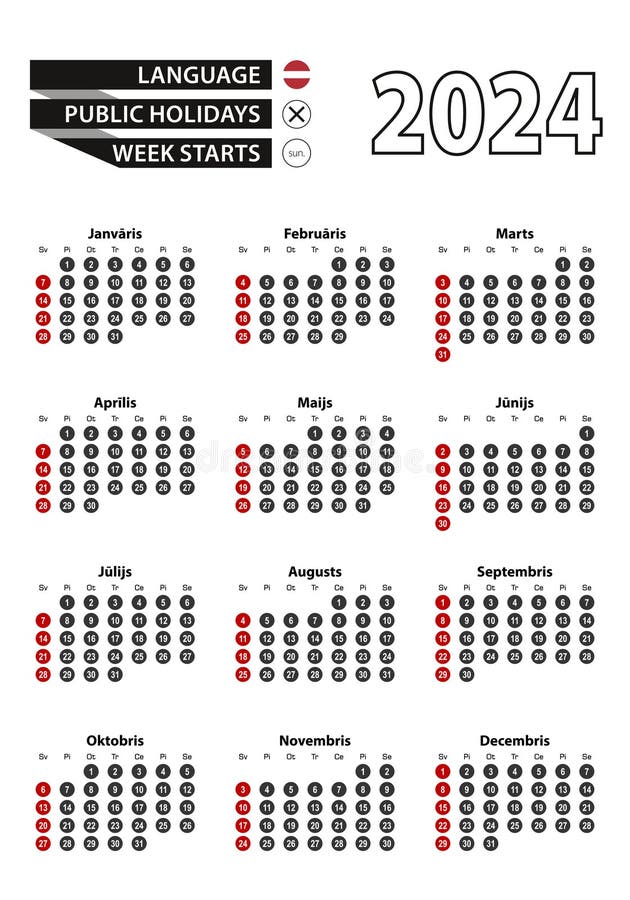 Latvian Calendar 2024 with Numbers in Circles, Week Starts on Sunday