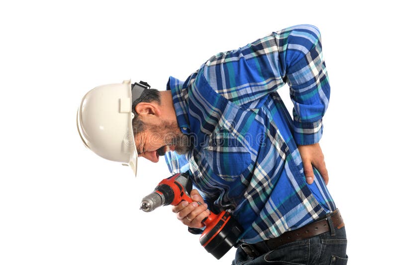 Worker getting back injury isolated over white background. Worker getting back injury isolated over white background