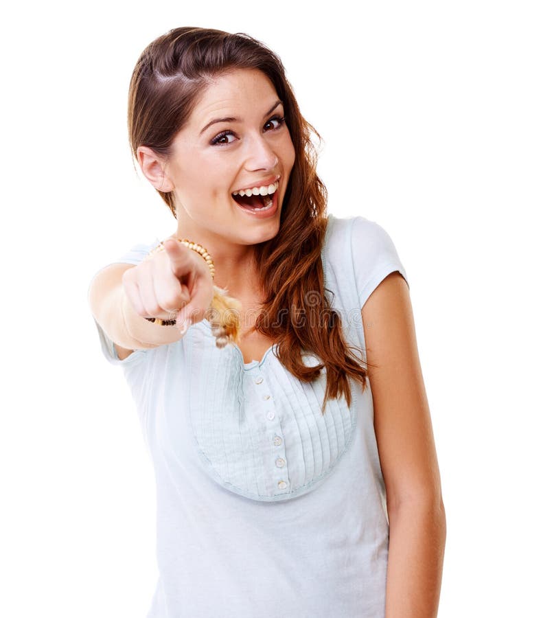 Laugh, Bullying and Woman Pointing in Studio on White Background for