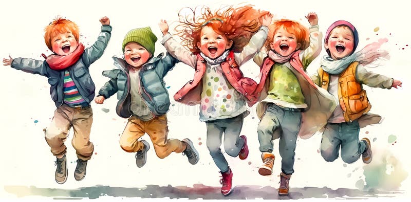 laughing-children-jumping-with-joy-five-kids-in-a-row-stock
