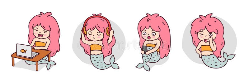 Laughing mermaid with laptop, with smartphone, mermaid listening to music, making faces, sticking tongue out. Cute cartoon characters for emoji, sticker, pin, patch and badge. Vector illustrations.