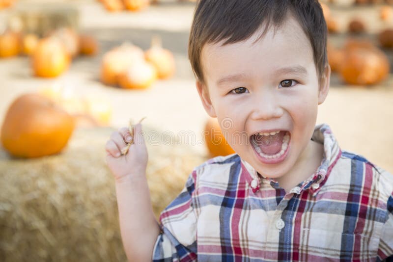 Laughing Mixed Race Young Boy Having Fun at the Pumpkin Patch