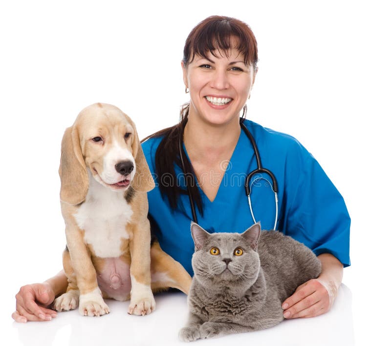 Laughing veterinarian hugging cat and dog. isolated on white