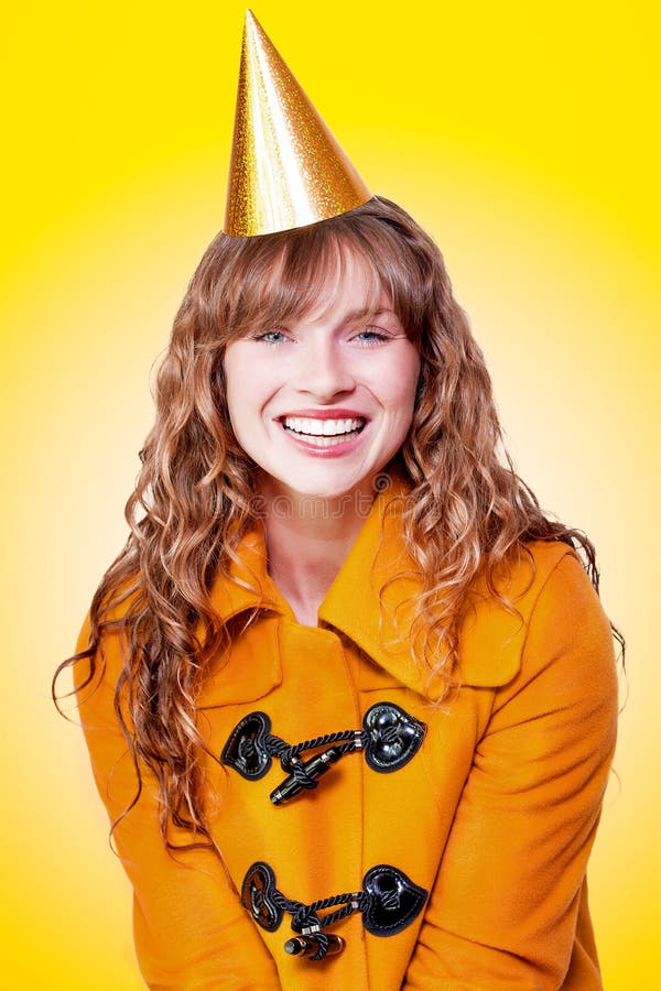 Laughing Winter Party Girl on Yellow Background Stock Image - Image of ...