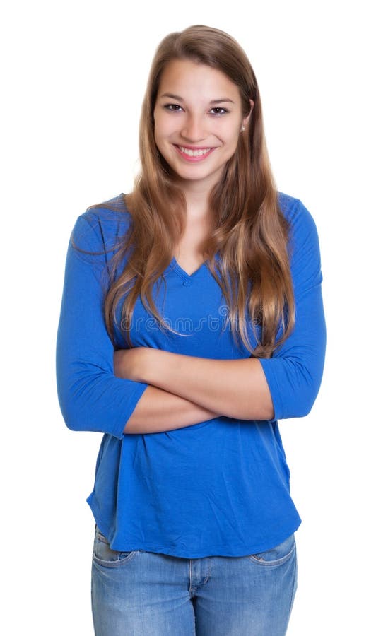 Laughing Woman in a Blue Shirt with Crossed Arms Stock Photo - Image of ...