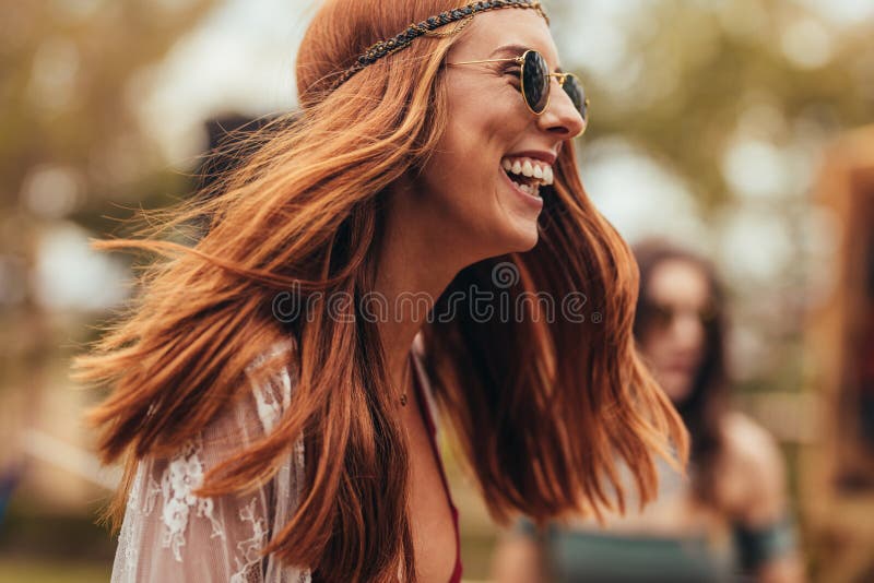 Laughing woman in retro look at music festival royalty free stock photos Laughing woman in retro look at music festival royalty free stock photos