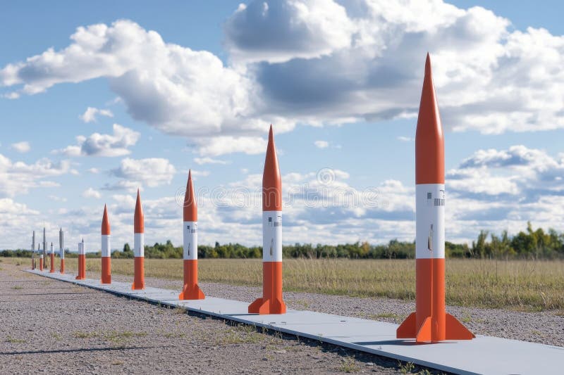 Launch area with multiple test rockets under a cloudy sky in an open field. Multiple test rockets are lined up on a launchpad in an open field, set against a backdrop of clouds. AI generated