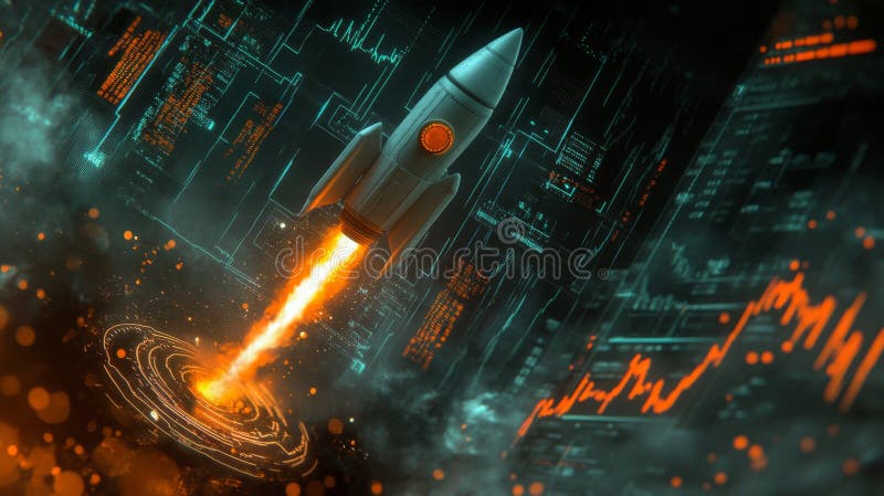 The launch of a rocketship is accompanied by futuristic economic data, market growth, and tech-driven business royalty free stock image