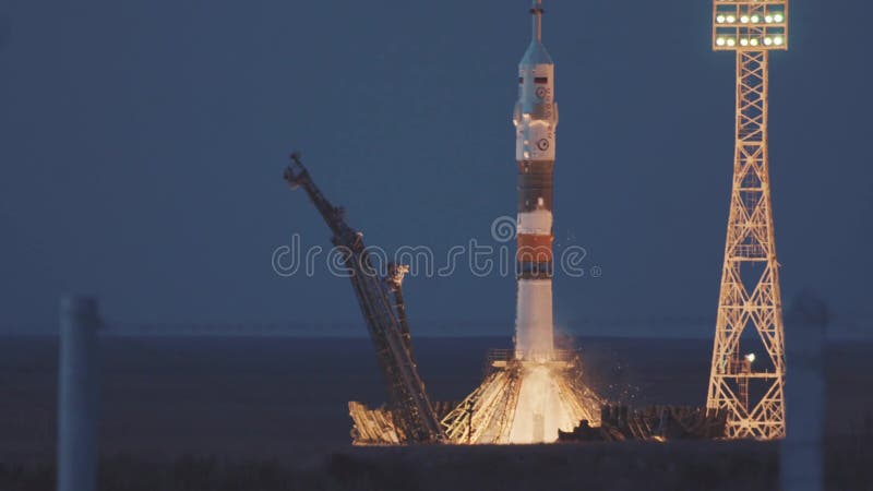 Launch of the Soyuz FG MS-05 space rocket. The spacecraft launches into space, the astronauts fly away from planet earth stock footage