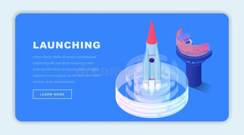 Launching business isometric landing page template. Navigation operator, engineer sending 3d rocket to space. Starting stock illustration Launching business isometric landing page template. Navigation operator, engineer sending 3d rocket to space. Starting stock illustration