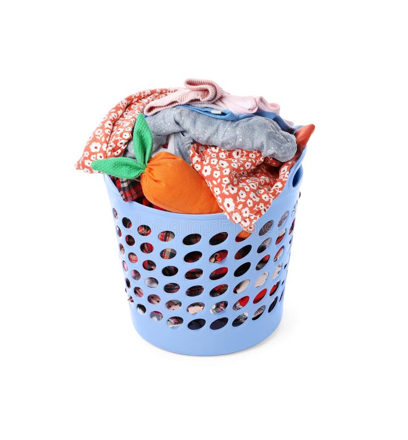 Laundry Basket with Baby Clothes and Toy Isolated on White Stock Image