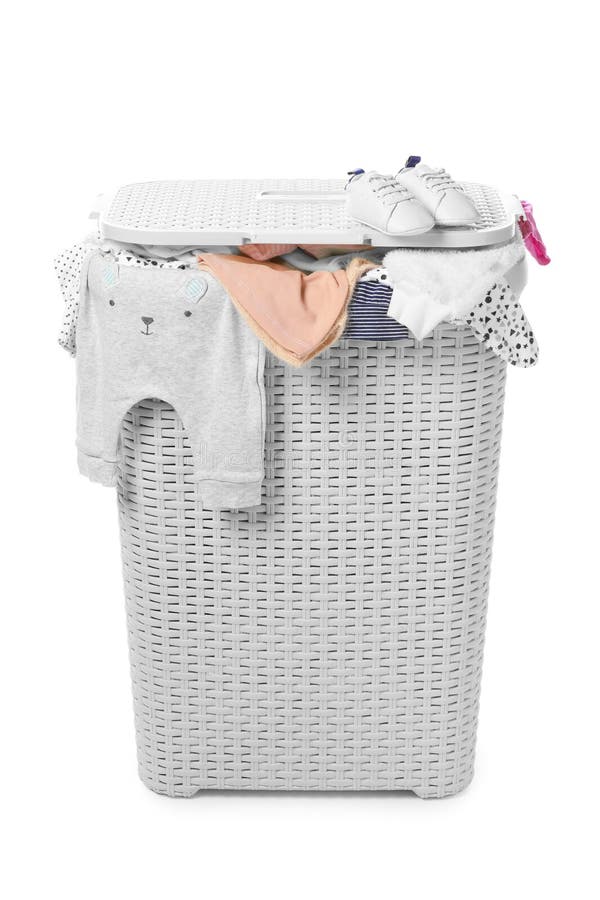 Laundry Basket with Baby Clothes Isolated on White Stock Photo Image
