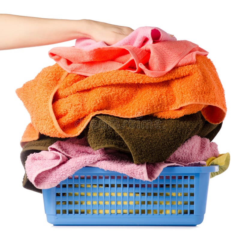 Laundry Basket with Colorful Towel in Hands Stock Image - Image of ...