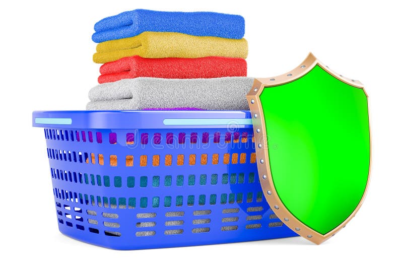 Laundry Basket Full of Clean Clothes with Shield, 3D Rendering Stock