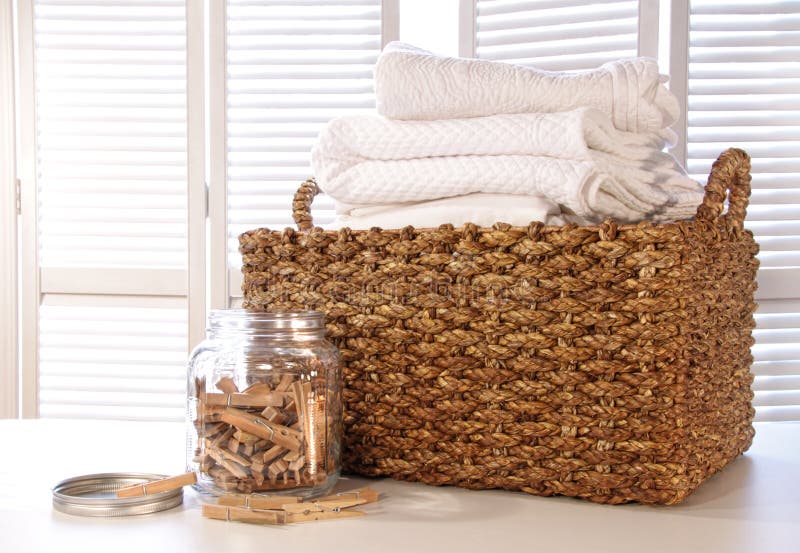 Laundry basket with towels stock image. Image of textile 10179635