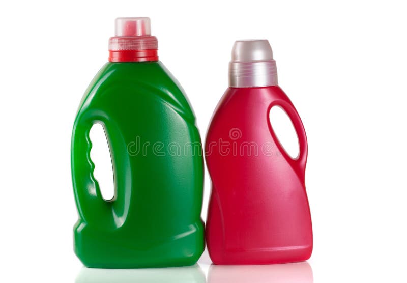 Laundry Detergent Bottle with Fabric Softener Isolated on White Stock