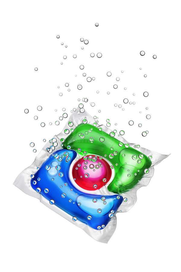 Laundry detergent pod with bubbles isolated on white background