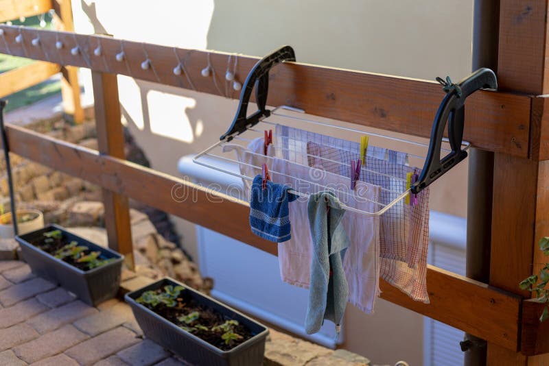 Laundry on the Dryer in the Garden Stock Photo Image of clothespin