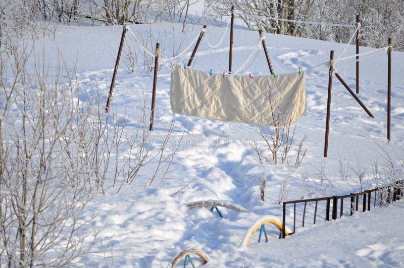 Laundry Day on Winter Lake in Russian Village Stock Image Image of