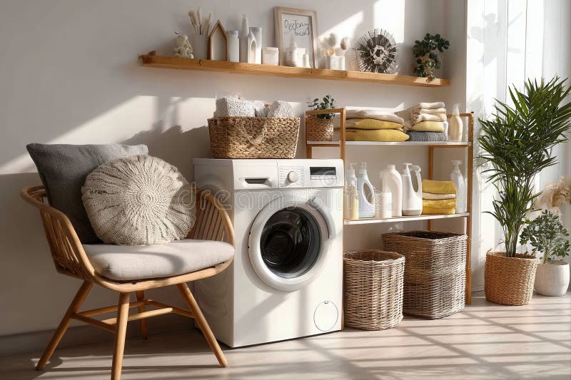 Laundry and Home Essentials. A modern washing machine in a stylish laundry nook surrounded by organized storage. stock photography