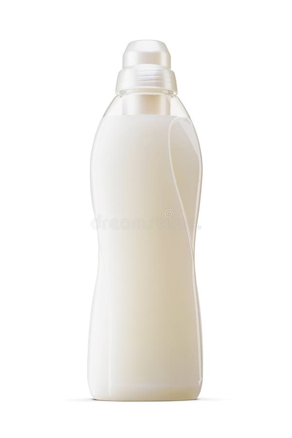 Laundry liquid detergent, cleaning agent, bleach or fabric softener plastic bottle with white cap, isolated on white stock photo
