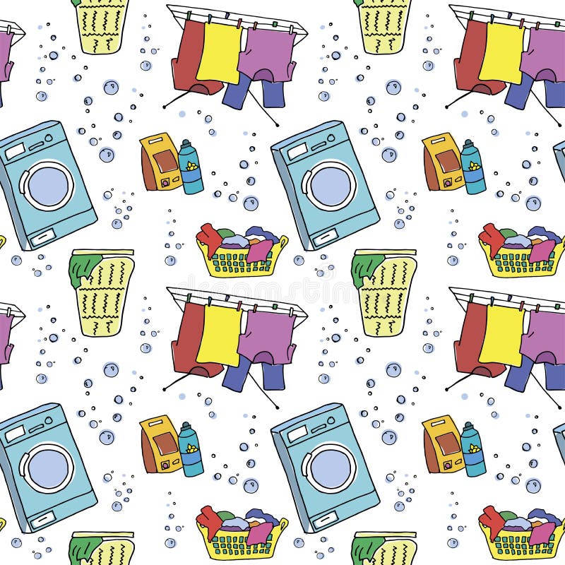 Laundry Pattern. Colored Doodle Elements for Washing Clothes, Washing ...