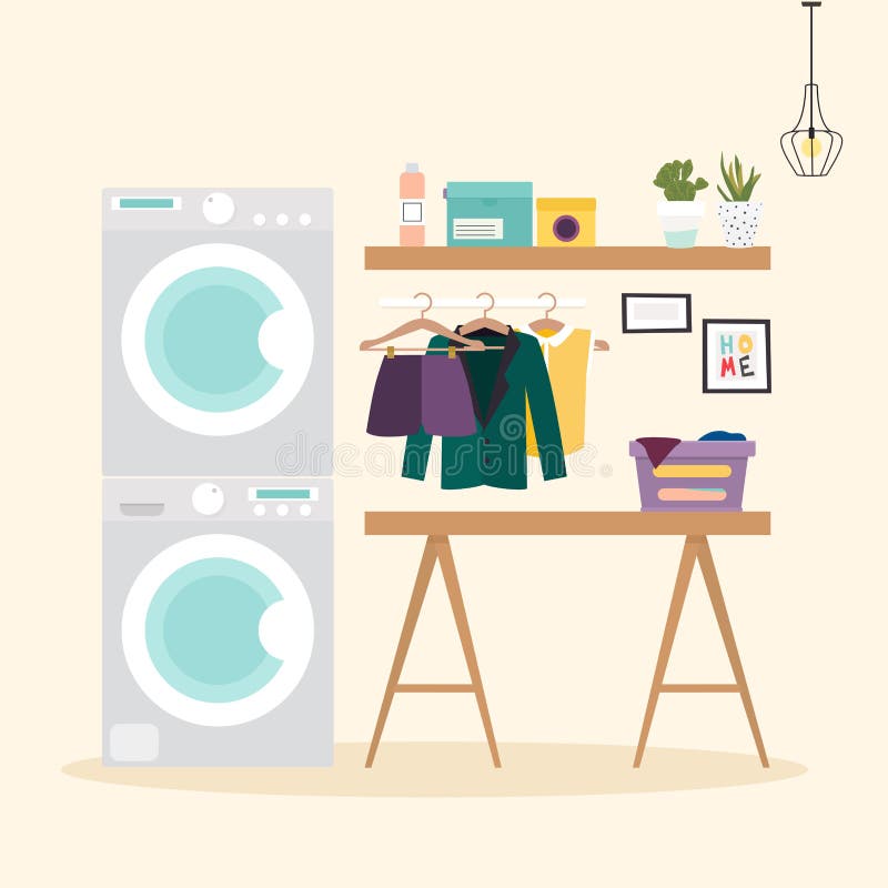 Laundry room with facilities for washing. Wash machine, flasket, washing powder, clothes Flat design elements, minimalist style.