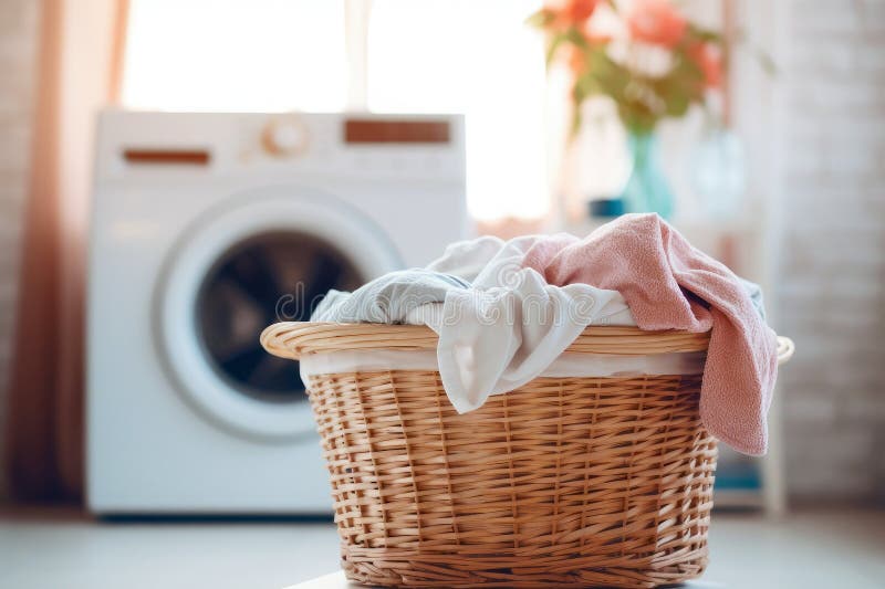 Laundry room: a washing machine and a basket of clean clothes vector illustration