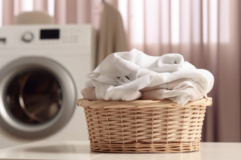 Laundry room: a washing machine and a basket of freshly washed clothes vector illustration