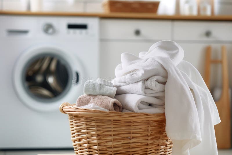 Laundry room: a washing machine and a well-organized basket of clean textiles royalty free illustration