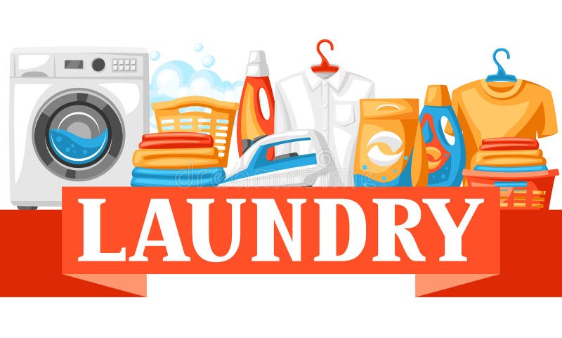 Laundry service background with professional items. Washing and cleaning illustration.