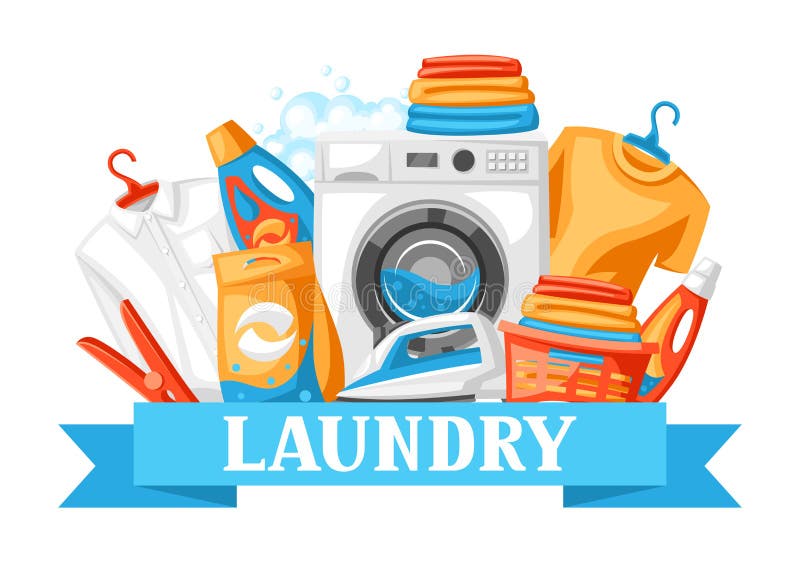 Laundry service background with professional items. Washing and cleaning illustration.