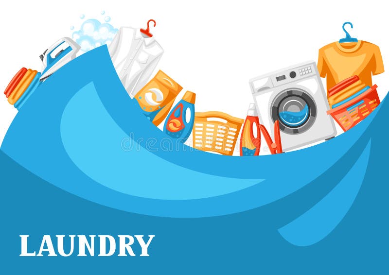 Laundry service background with professional items. Washing and cleaning illustration.