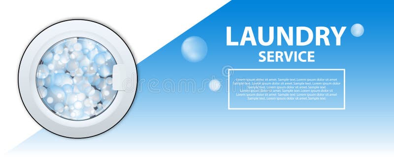 Laundry service banner or poster. Washing machine drum with soap bubbles. 3d realistic vector illustration. Front view, close-up, closed door