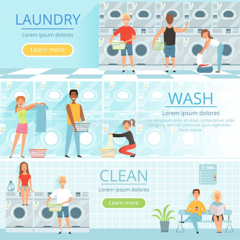 Laundry service. Banners design with washing pictures. Laundromat machine, washing service housekeeping. Vector illustration