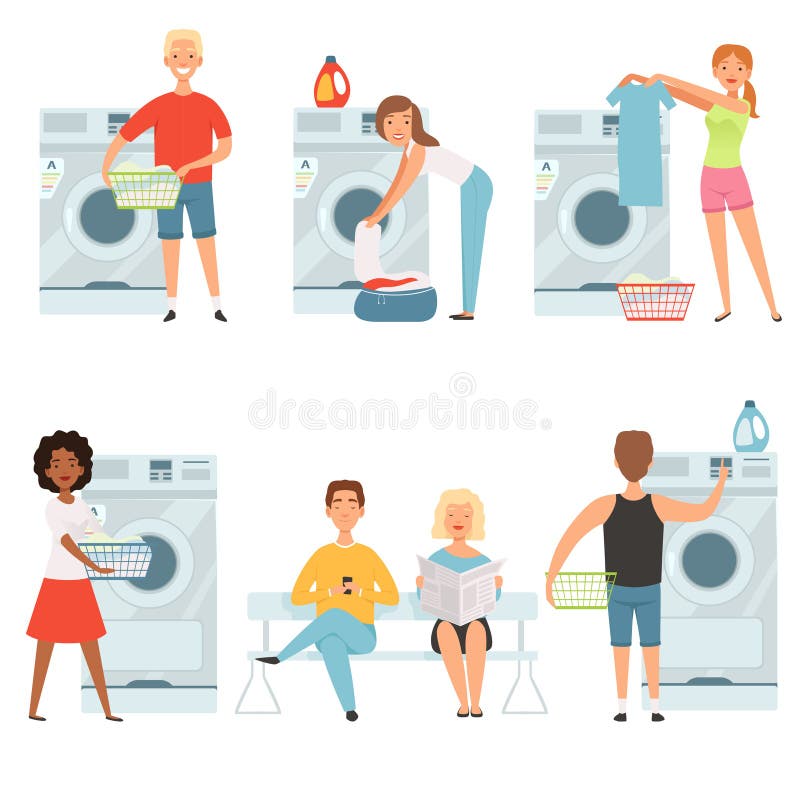 Laundry service characters. Vector washing house mascot design. Man and woman waiting washer machine illustration