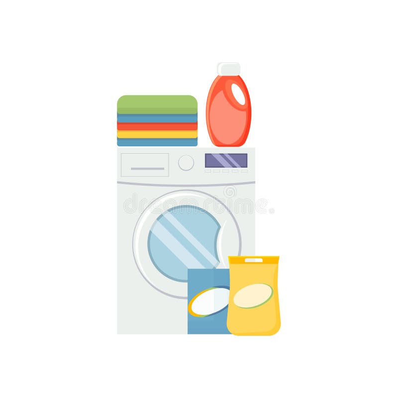 Laundry service elements. Washind machine, detergerns and clothes vector illustration isolated on white background.