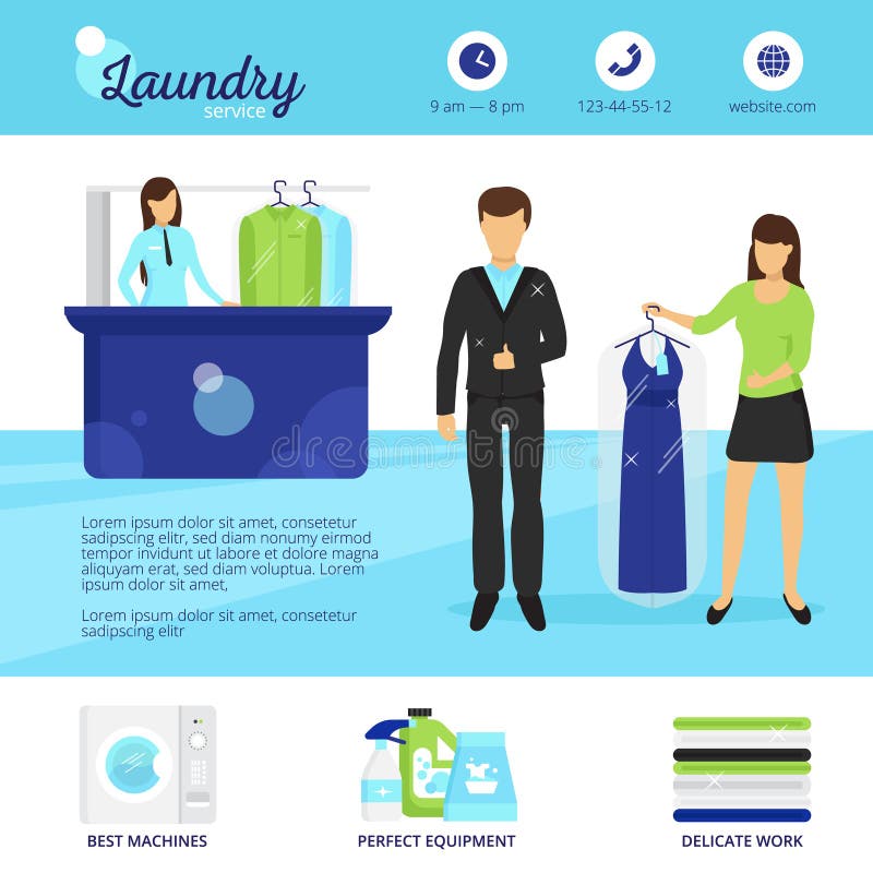 Laundry service with dry cleaning and washing symbols flat vector illustration. Laundry service with dry cleaning and washing symbols flat vector illustration